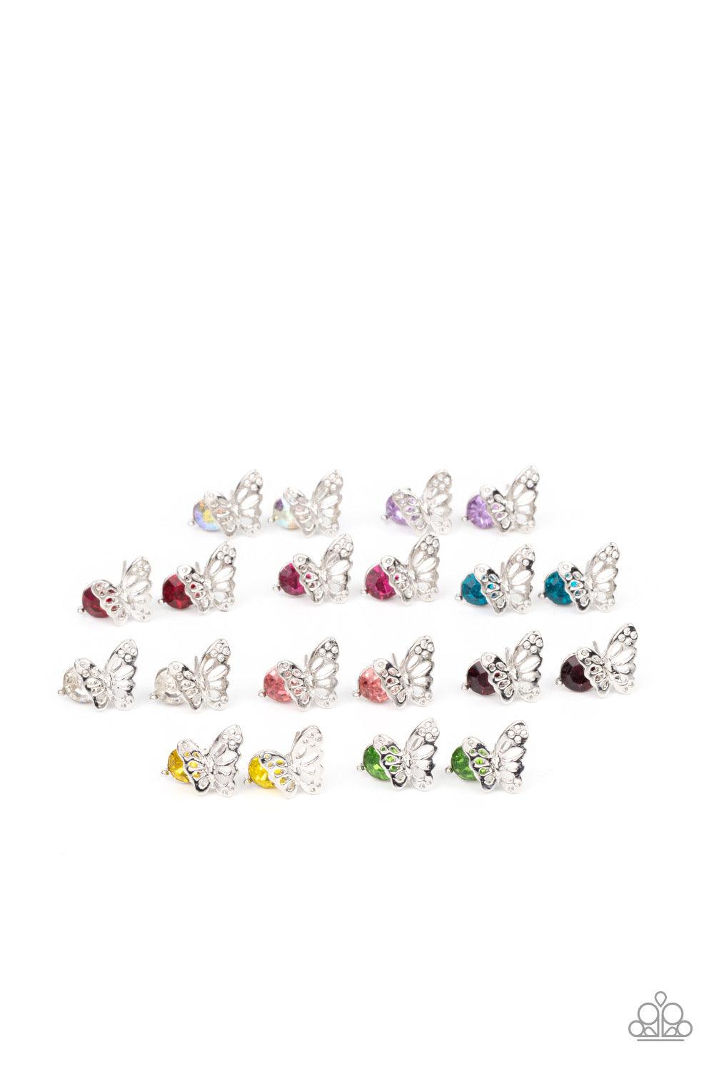 Paparazzi Accessories Starlet Shimmer Earrings #21 - Red Airy silver butterfly frames featuring glittery rhinestones vary in shades of green, yellow purple, pink, white, blue, red, purple, and multicolored. Earrings attach to standard post fittings. Jewel