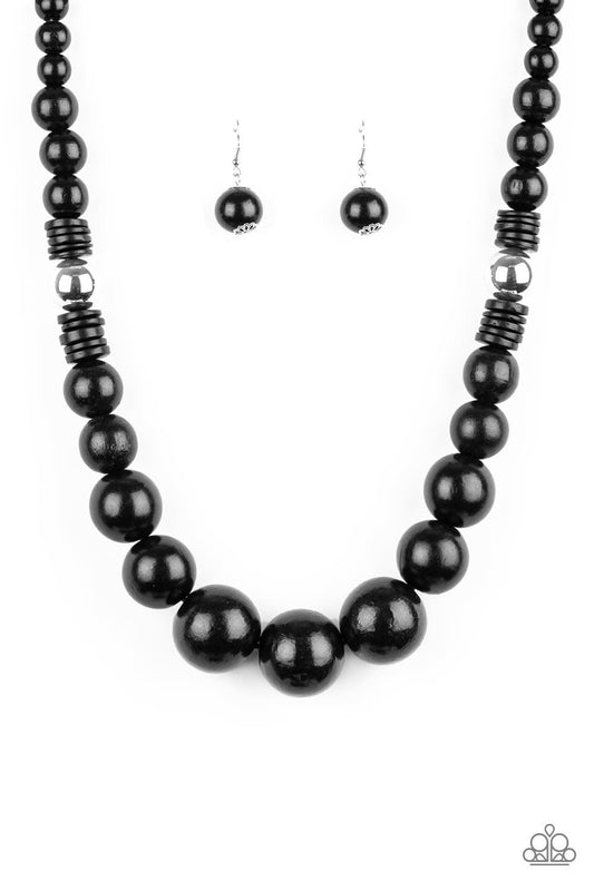 Paparazzi Accessories Panama Panorama - Black Infused with dramatic silver beads, an array of shiny black wooden beads drape across the chest for a summery look. Features a button-loop closure. Jewelry
