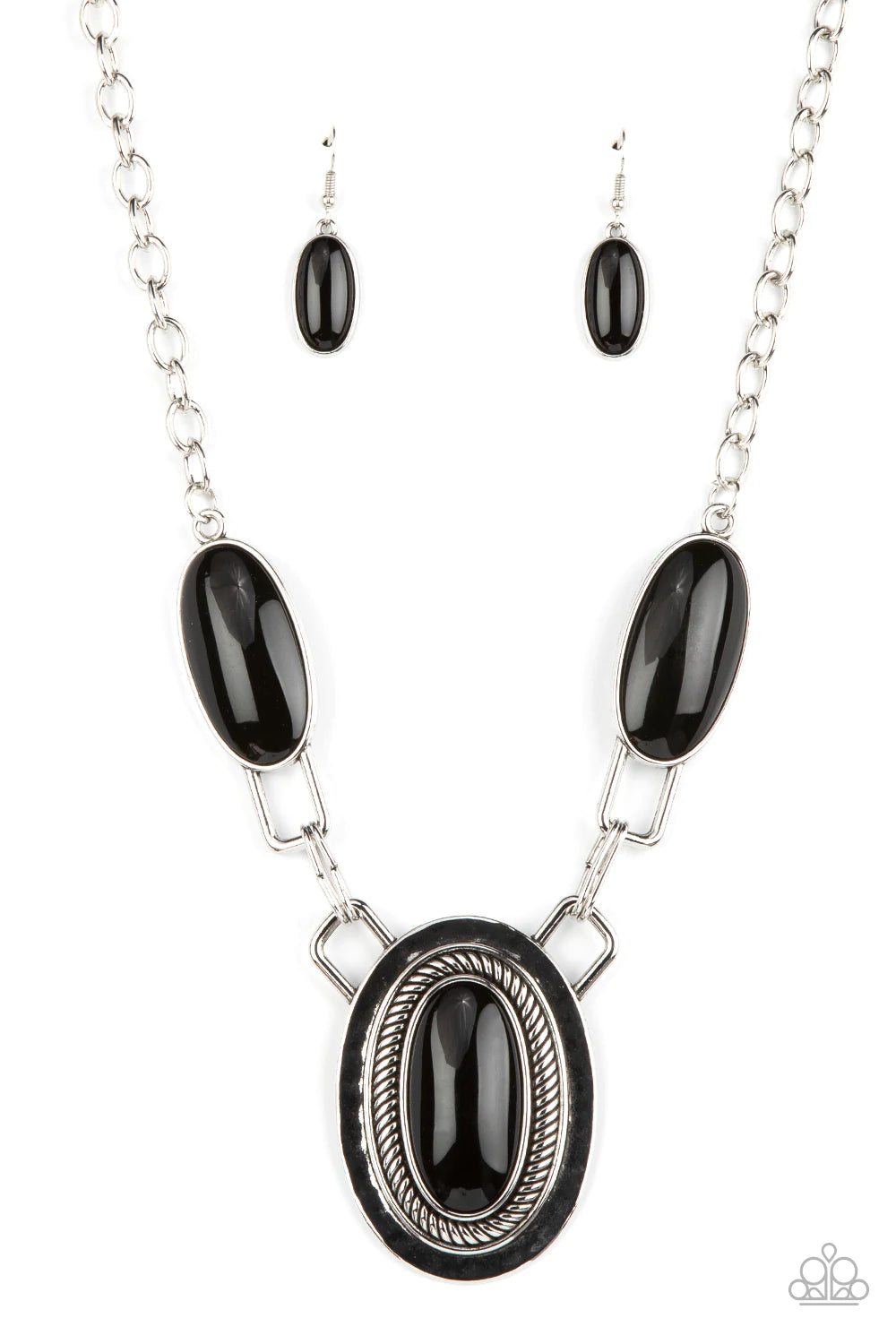 Paparazzi Accessories Count To TENACIOUS - Black Featuring abstract square fittings, a pair of oblong black beaded frames link to a dramatically oversized silver pendant below the collar. Bordered in rope-like texture, the hammered pendant features a matc