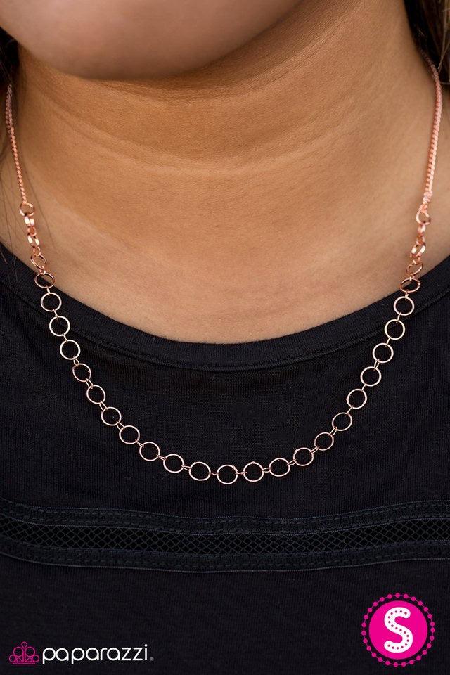 Paparazzi Accessories Steampunk Shimmer - Copper Dainty copper rings link below the collar, creating blinding hints of shimmer. Features an adjustable clasp closure. Jewelry