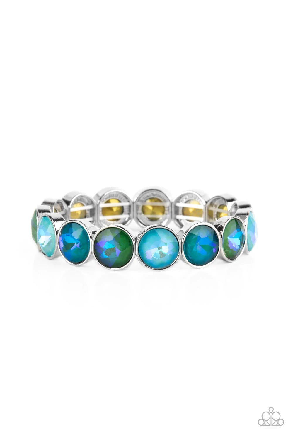 Paparazzi Accessories Radiant Repeat - Green Encased in sleek silver fittings, a sparkly series of opalescent green and blue rhinestones are threaded along stretchy bands around the wrist for a radiant finish. Sold as one individual bracelet. Jewelry