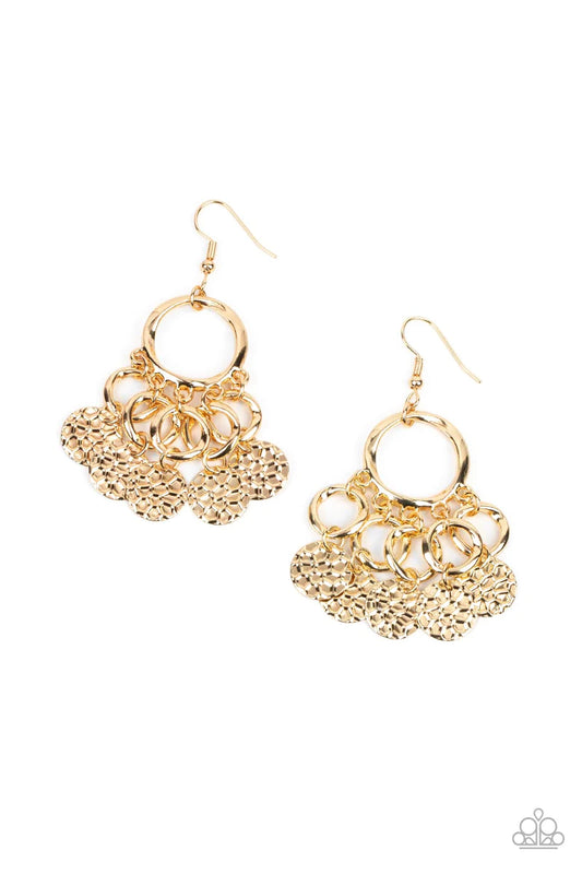 Paparazzi Accessories Partners in Chime - Gold Embossed in tactile geometric patterns, shiny gold discs swing from the bottom of dainty gold rings at the bottom of an asymmetrical gold ring for a noise-making fashion. Earring attaches to a standard fishho