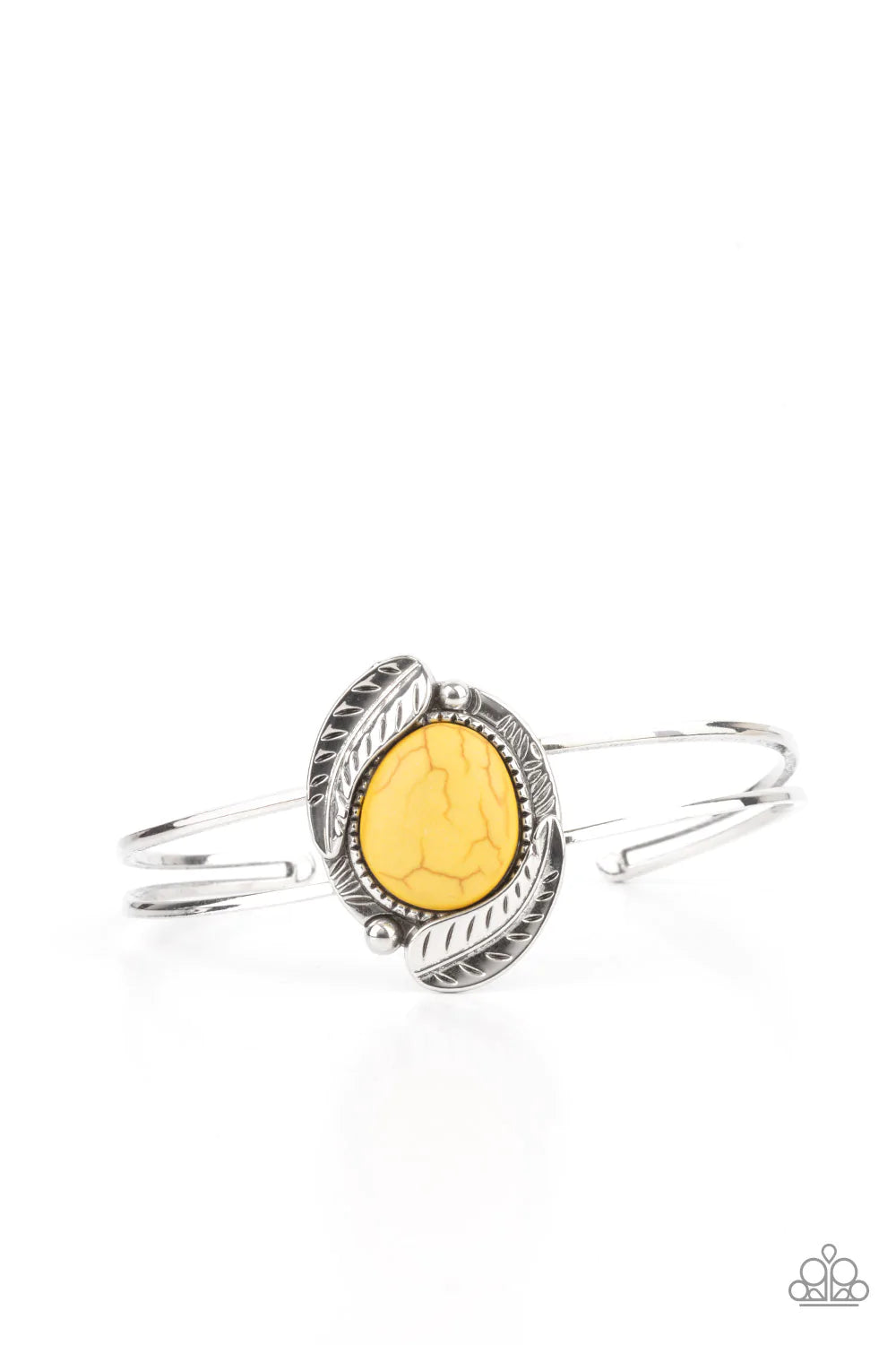 Paparazzi Accessories Living Off The BANDLANDS - Yellow Feathery silver frames are nestled around a sunny yellow stone center, creating a seasonal centerpiece atop a dainty silver cuff. Sold as one individual bracelet.