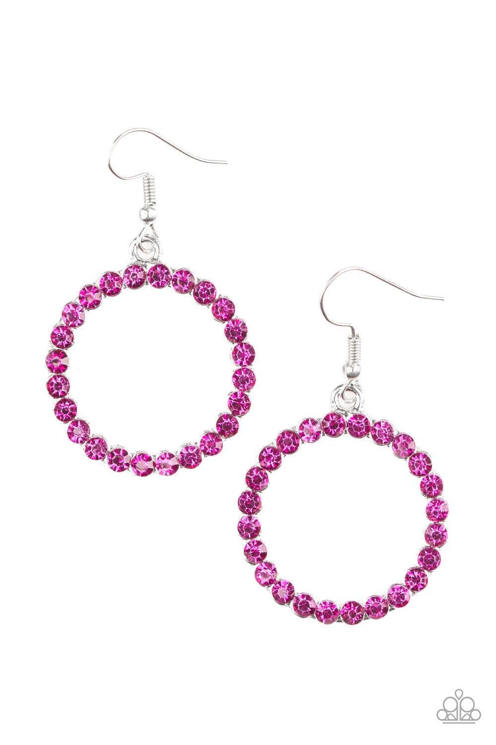 Paparazzi Accessories Bubbilicious - Pink Glittery pink rhinestones are encrusted along a circular silver frame, creating a bubbly frame. Earring attaches to a standard fishhook fitting. Sold as one pair of earrings. Jewelry