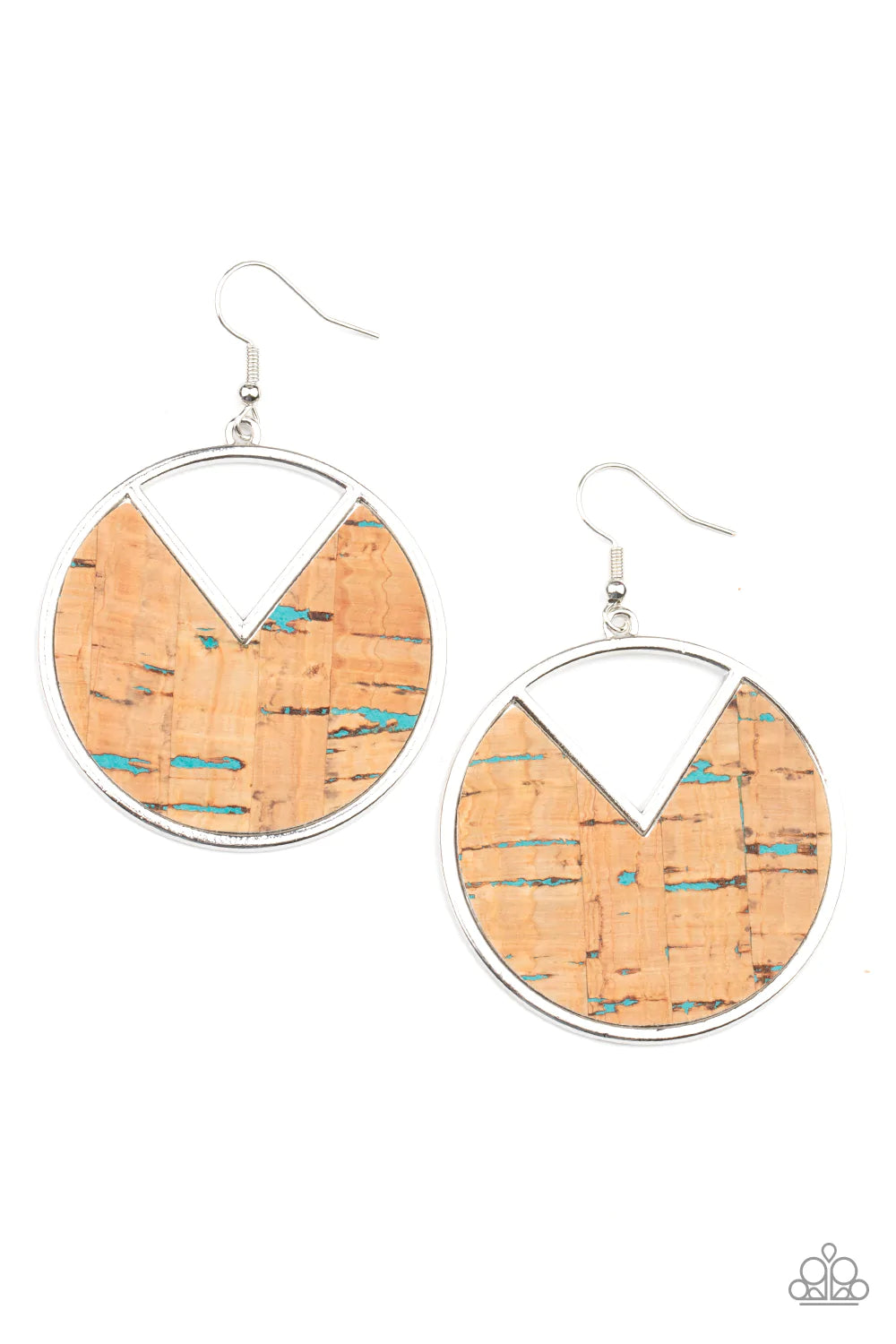 Paparazzi Accessories Nod To Nature - Blue Featuring hints of blue accents, an earthy piece of cork is placed into the center of a circular hoop. A triangular slice is removed from the cork, creating an edgy airy finish. Earring attaches to a standard fis