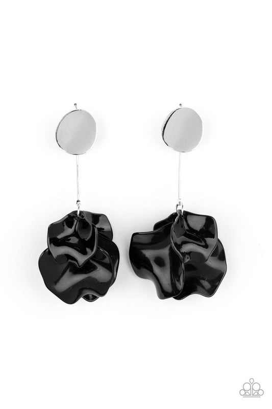 Paparazzi Accessories Petal Pathways - Black Curving black acrylic petals dangle from the end of a bar attached to the bottom of a delicately bent silver disc, creating a colorfully clustered lure. Earring attaches to a standard post fitting. Sold as one