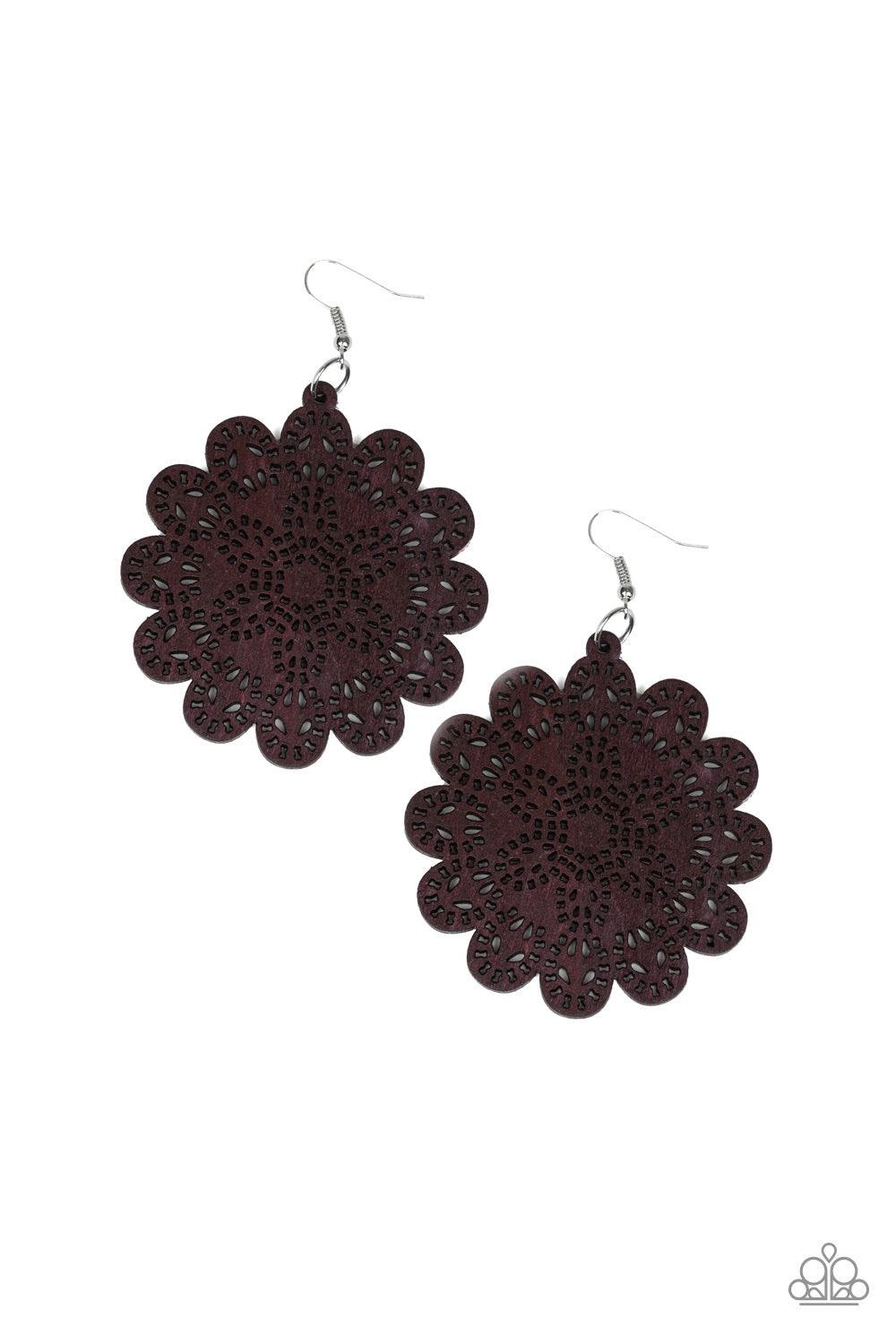 Paparazzi Accessories Coachella Cabaret - Brown Brushed in a shiny brown finish, a wooden floral frame swings from the ear in a whimsical fashion. Earring attaches to a standard fishhook fitting. Jewelry