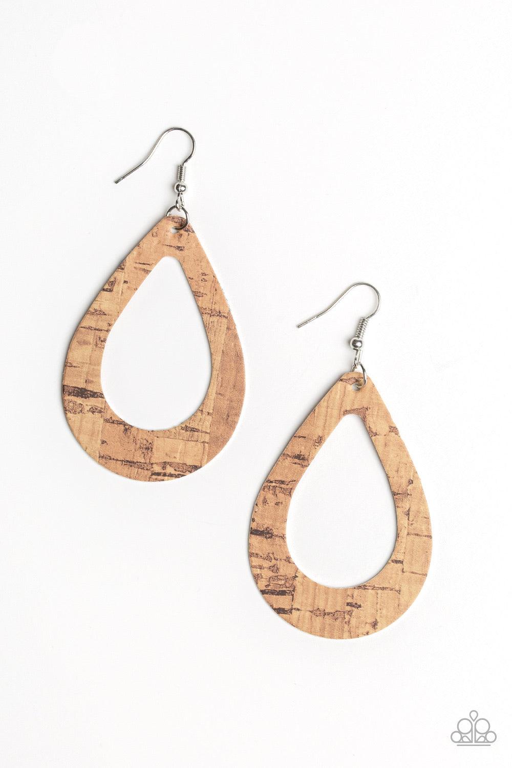 Paparazzi Accessories Terra Trendsetter - Brown Featuring a faux-wooden finish, an earthy brown leather teardrop frame swings from the ear for a trendsetting vibe. Earring attaches to a standard fishhook fitting. Jewelry