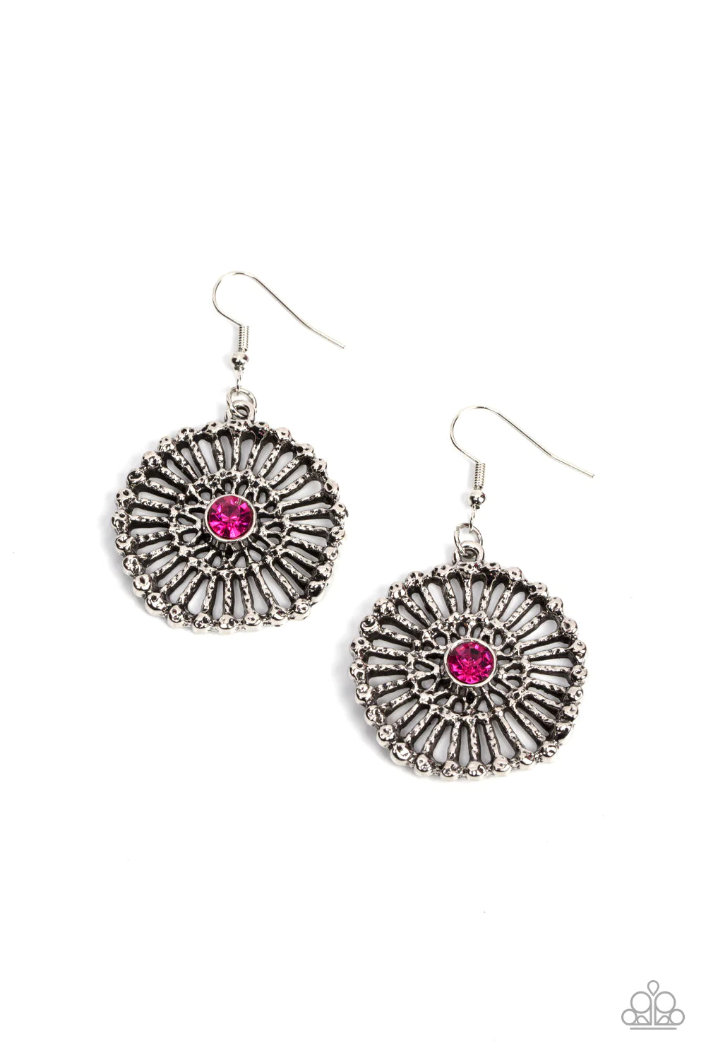 Paparazzi Accessories Tangible Twinkle - Pink Hammered silver spokes flare out from a glittery pink rhinestone center, resulting in a studded silver frame. Earring attaches to a standard fishhook fitting. Sold as one pair of earrings. Earrings