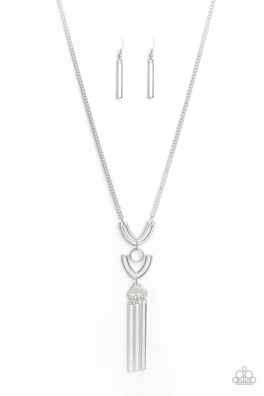 Paparazzi Accessories Confidently Cleopatra - Silver Two airy geometric silver frames link at the bottom of a lengthened silver chain, creating a stacked pendant. Rectangular bars swing from the bottom of the pendant, adding a bold movement to the tribal