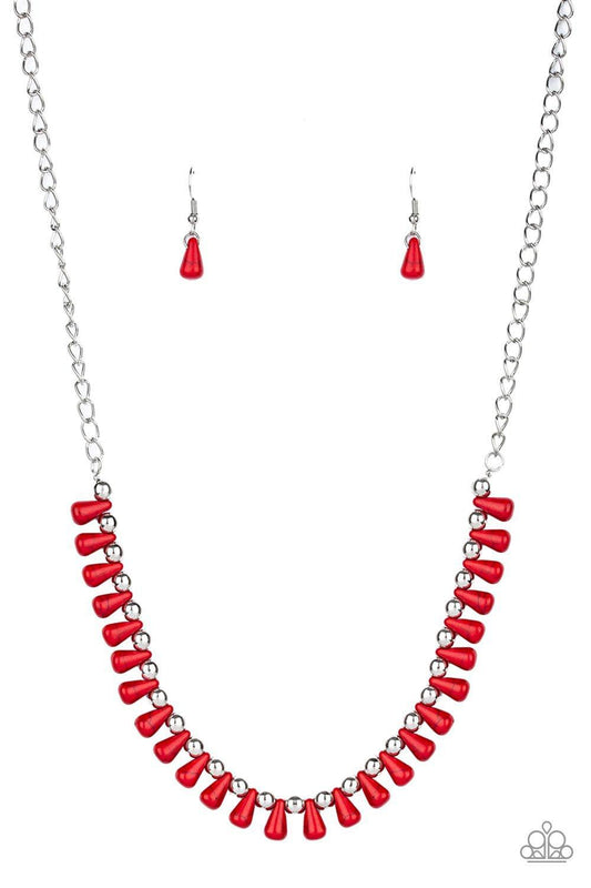 Paparazzi Accessories Extinct Species - Red Red teardrop stones and classic silver beads are threaded along an invisible wire. The earthy beads alternate below the collar, creating a wild fringe. Features an adjustable clasp closure. Sold as one individua