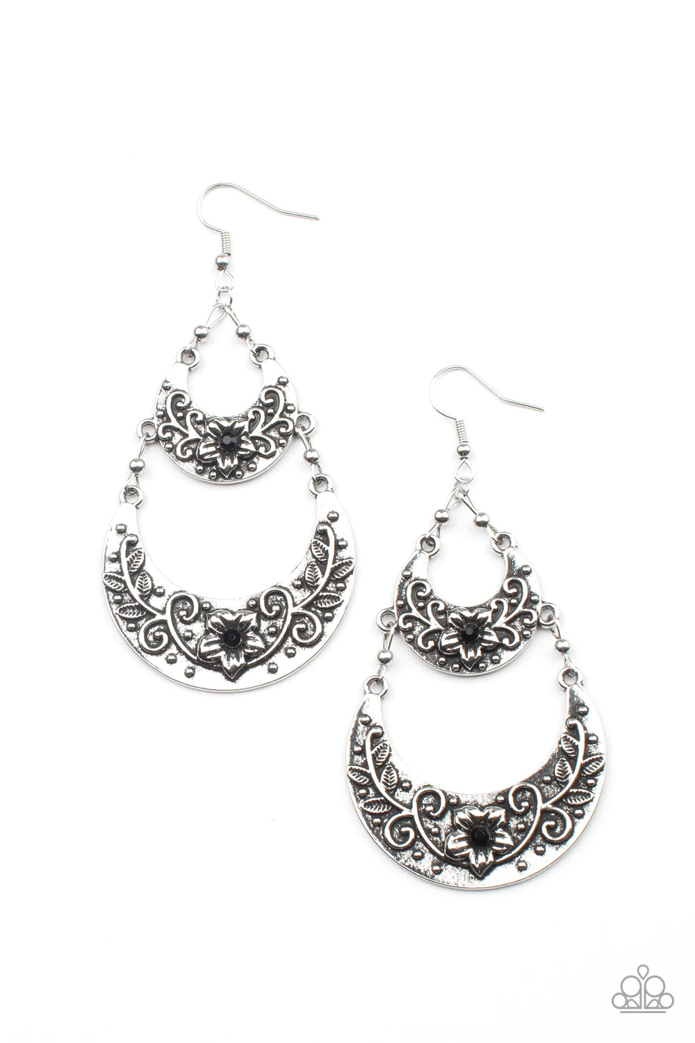 Paparazzi Accessories Springtime Gardens - Black Dotted with dainty black rhinestone centers, studded silver half moon frames are embossed in leafy floral patterns as they link into a whimsical display. Earring attaches to a standard fishhook fitting. Sol