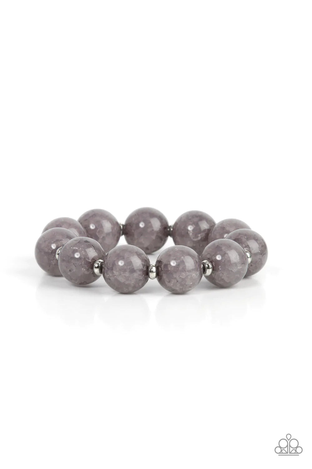 Paparazzi Accessories Arctic Affluence - Silver Infused with dainty silver accents, an oversized collection of crackly gray glass-like beads are threaded along stretchy bands around the wrist for an icy look. Sold as one individual bracelet. Bracelets
