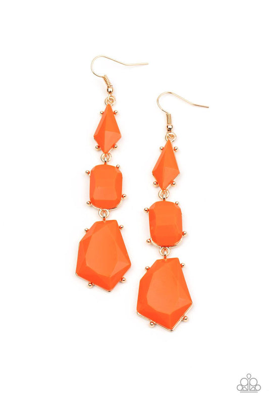 Paparazzi Accessories Geo Getaway - Orange Varying in shape, imperfectly faceted Amberglow beads are encased in studded gold frames as they delicately link into a colorful lure. Earring attaches to a standard fishhook fitting. Sold as one pair of earrings