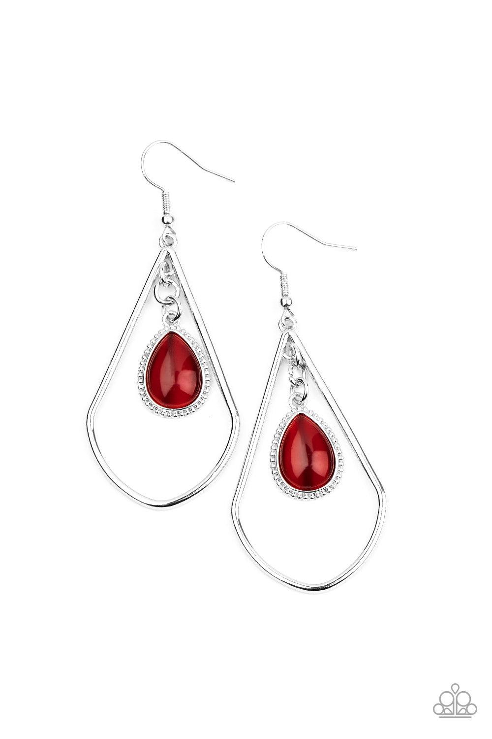 Paparazzi Accessories Ethereal Elegance- Red A dewy red cat's eye stone teardrop frame swings from the top of an angular silver teardrop, creating a whimsical lure. Earring attaches to a standard fishhook fitting. Sold as one pair of earrings. Jewelry