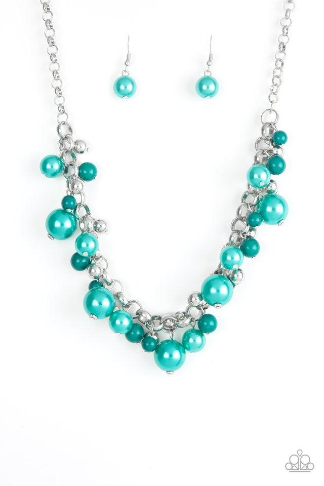 Paparazzi Accessories The Upstater - Green Varying in size, bubbly green pearls, classic silver beads, and shiny green beads swing from the bottom of a glistening silver chain, creating a refined fringe below the collar. Features an adjustable clasp closu