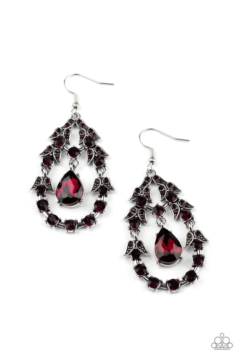 Paparazzi Accessories Garden Decorum - Purple A solitaire purple teardrop rhinestone swings from the top of an ornately hinged teardrop frame adorned in purple rhinestone dotted leafy silver frames, creating a glamorous centerpiece. Earring attaches to a