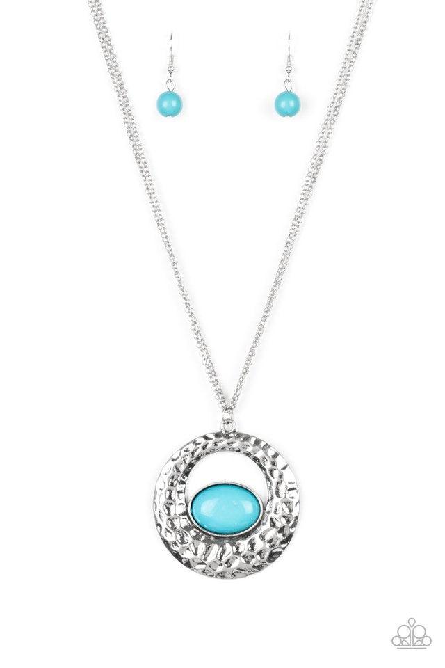 Paparazzi Accessories Viva Vivacious ~Blue A refreshing blue bead is pressed into the bottom of a shimmery silver frame rippling with hammered textures for a seasonal look. Features an adjustable clasp closure. Sold as one individual necklace. Includes on