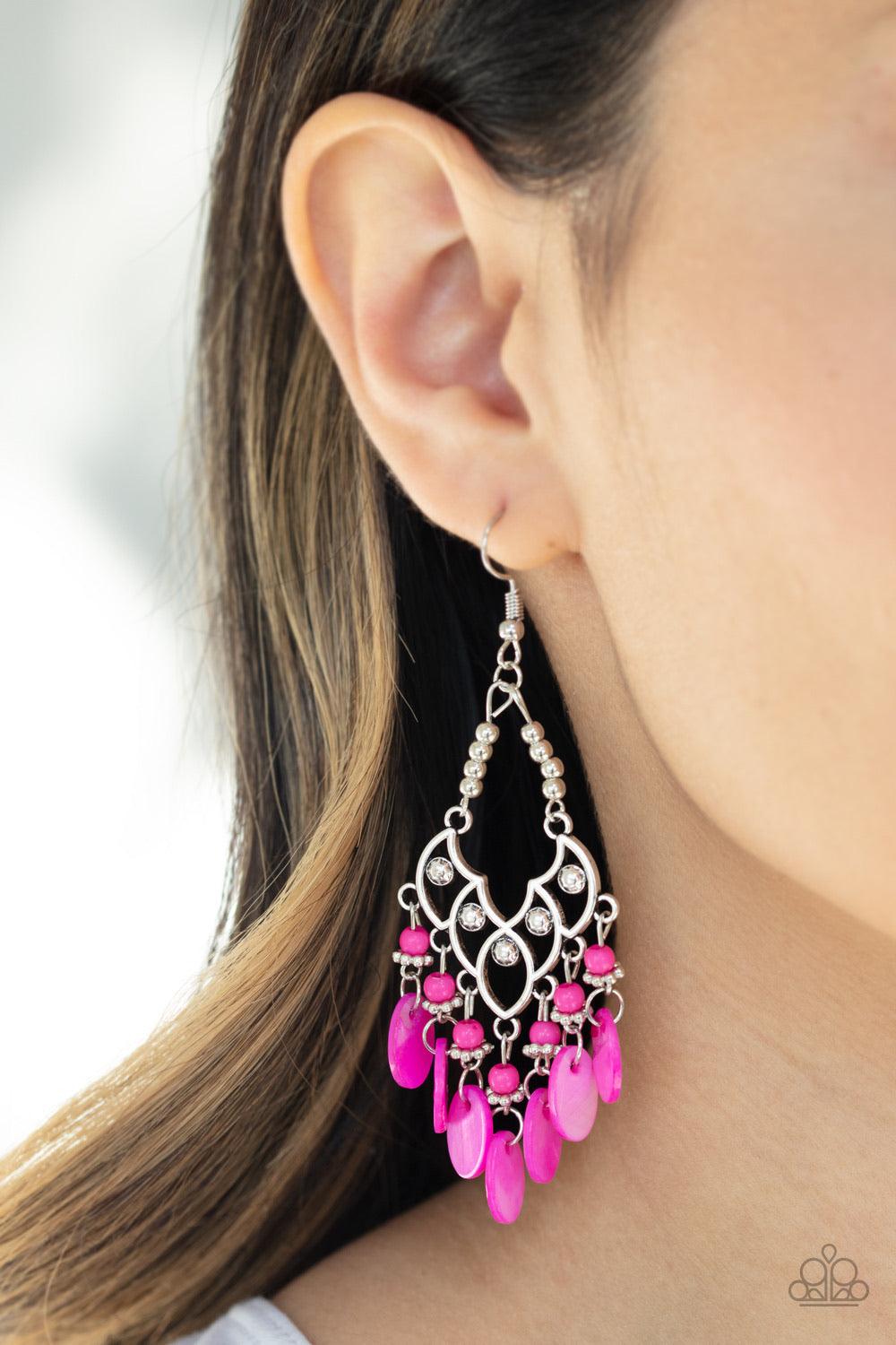Paparazzi Accessories Shore Bait - Pink Shell-like discs and dainty pink beads dangle from the bottom of an ornately studded frame, creating a summery fringe. Earring attaches to a standard fishhook fitting. Jewelry