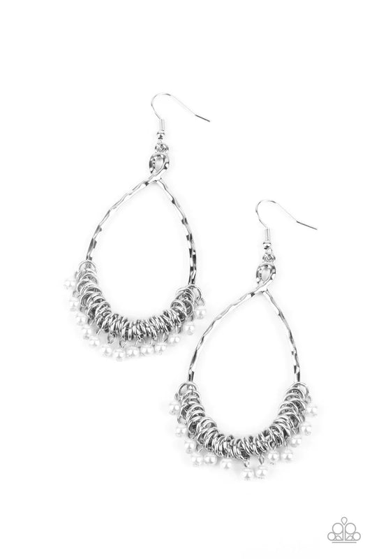 Paparazzi Accessories Wishing Well Wonder - White Oversized and delicately hammered, silver teardrop hoops feature a display of dainty pearl beads swinging freely from silver rings at the bottom of the frame resulting in a melodic finish. Earring attaches