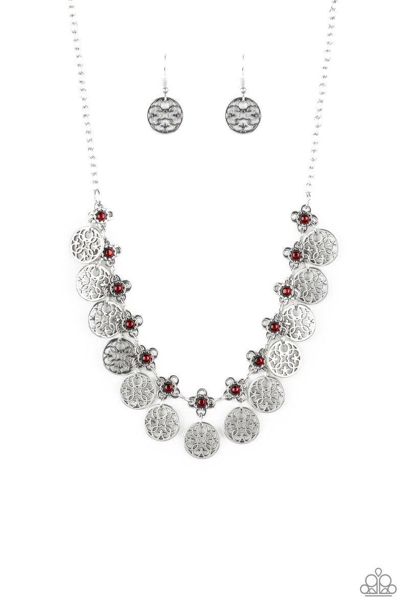 Paparazzi Accessories Mandala Movement - Red Silver mandala-like frames swing from the bottom of red beaded fittings, creating a flirtatious fringe below the collar. Features an adjustable clasp closure. Jewelry