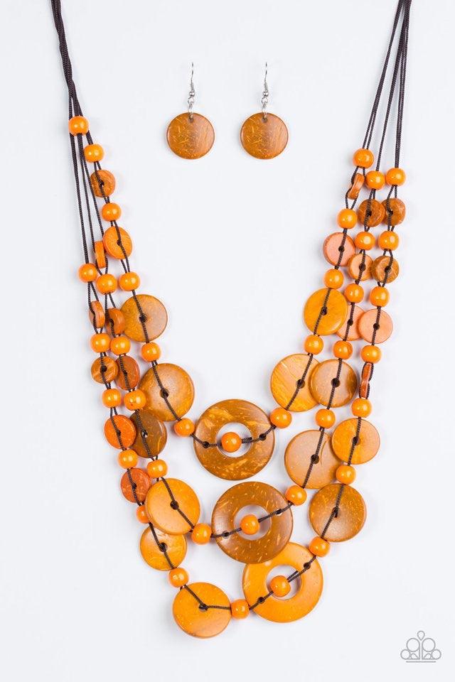 Paparazzi Accessories Bali Boardwalk - Orange Brushed in a distressed finish, vivacious orange wooden beads and discs trickle along three strands, creating a summery look down the chest. Features a button loop closure. Jewelry