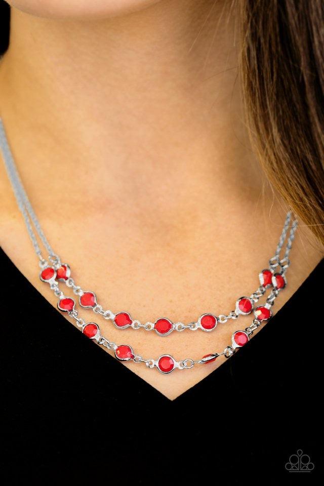 Paparazzi Accessories Summer Girl - Red Faceted red beads are pressed into sleek sliver frames and linked into two colorful layers below the chest for a whimsical look. Features an adjustable clasp closure. Sold as one individual necklace. Includes one pa