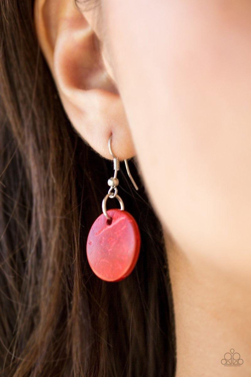 Paparazzi Accessories Catalina Coastin - Red Brushed in a shell-like iridescence, fiery red wooden discs and round brown wooden beads are knotted along three strands of brown cording for a summery look. Features a button loop closure. Jewelry