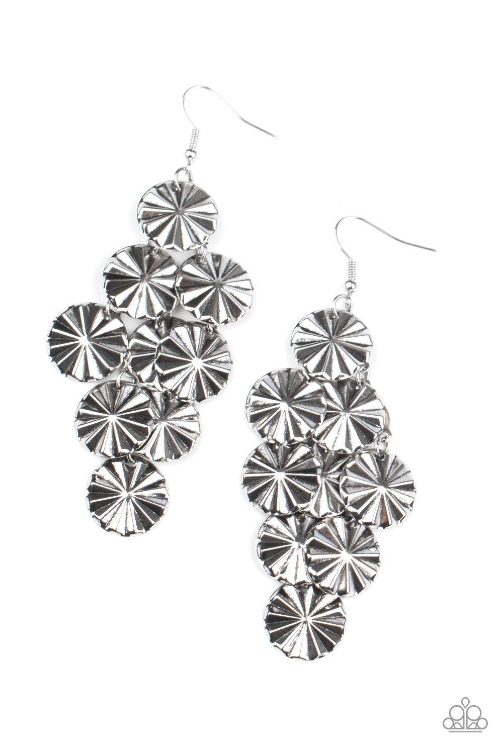 Paparazzi Accessories Star Spangled Shine - Silver Creased in star-like patterns, antiqued silver discs attach to a silver netted backdrop, linking into an edgy lure. Earring attaches to a standard fishhook fitting. Sold as one pair of earrings. Jewelry