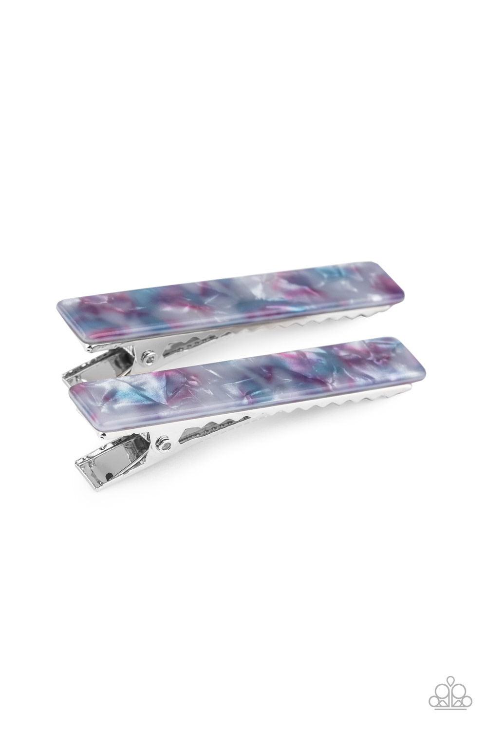 Paparazzi Accessories Right HAIR, Right Now - Blue Speckled in shell-like accents, a pair of iridescent acrylic frames pins back the hair for a colorfully retro look. Features standard hair clips on the back. Color may vary. Hair Accessories