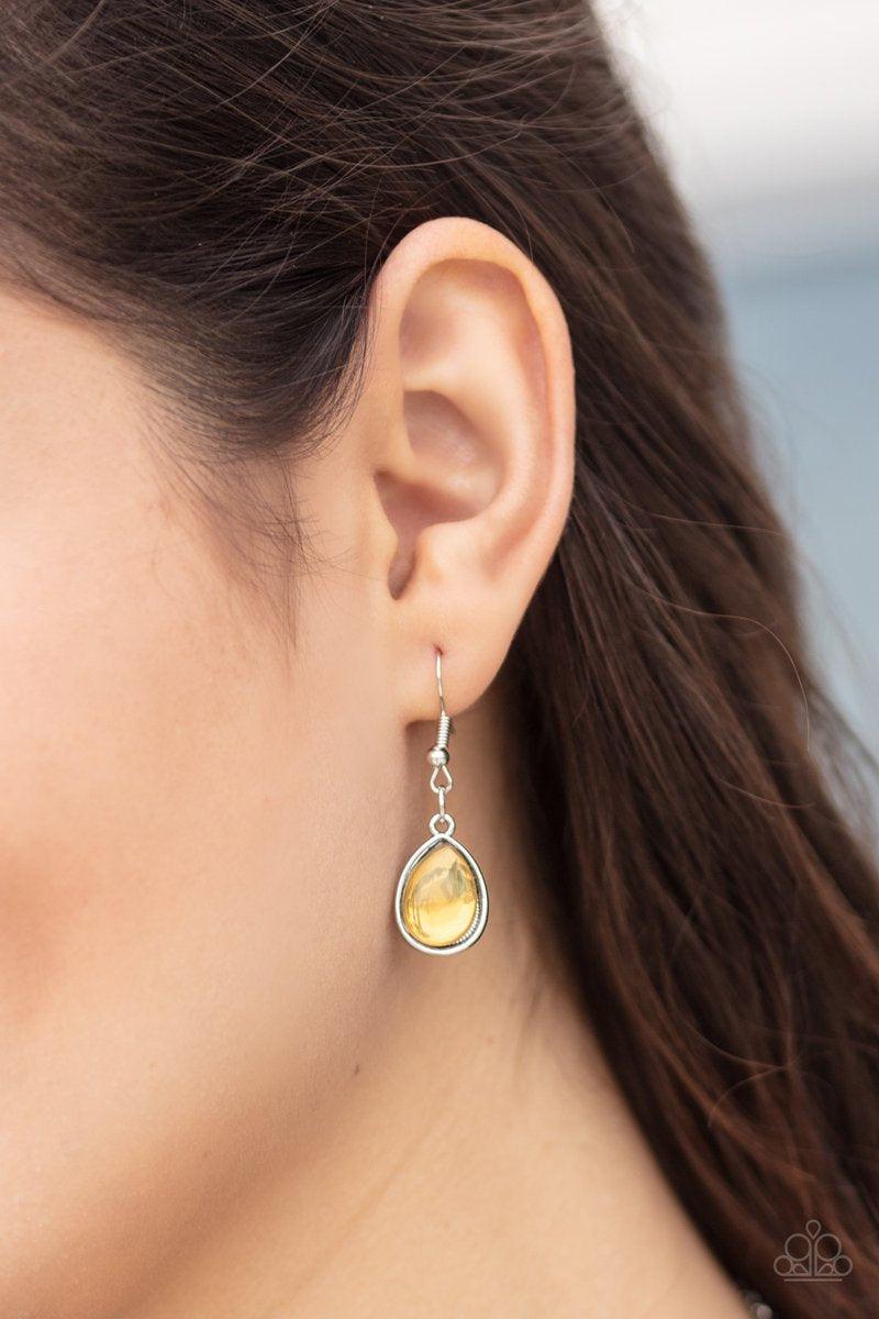 Paparazzi Accessories Iridescently Irresistible - Yellow Sleek silver frames encase opalescent yellow teardrops that cluster together to create a bubbly statement piece. Features an adjustable clasp closure.Sold as one individual necklace. Includes one pa