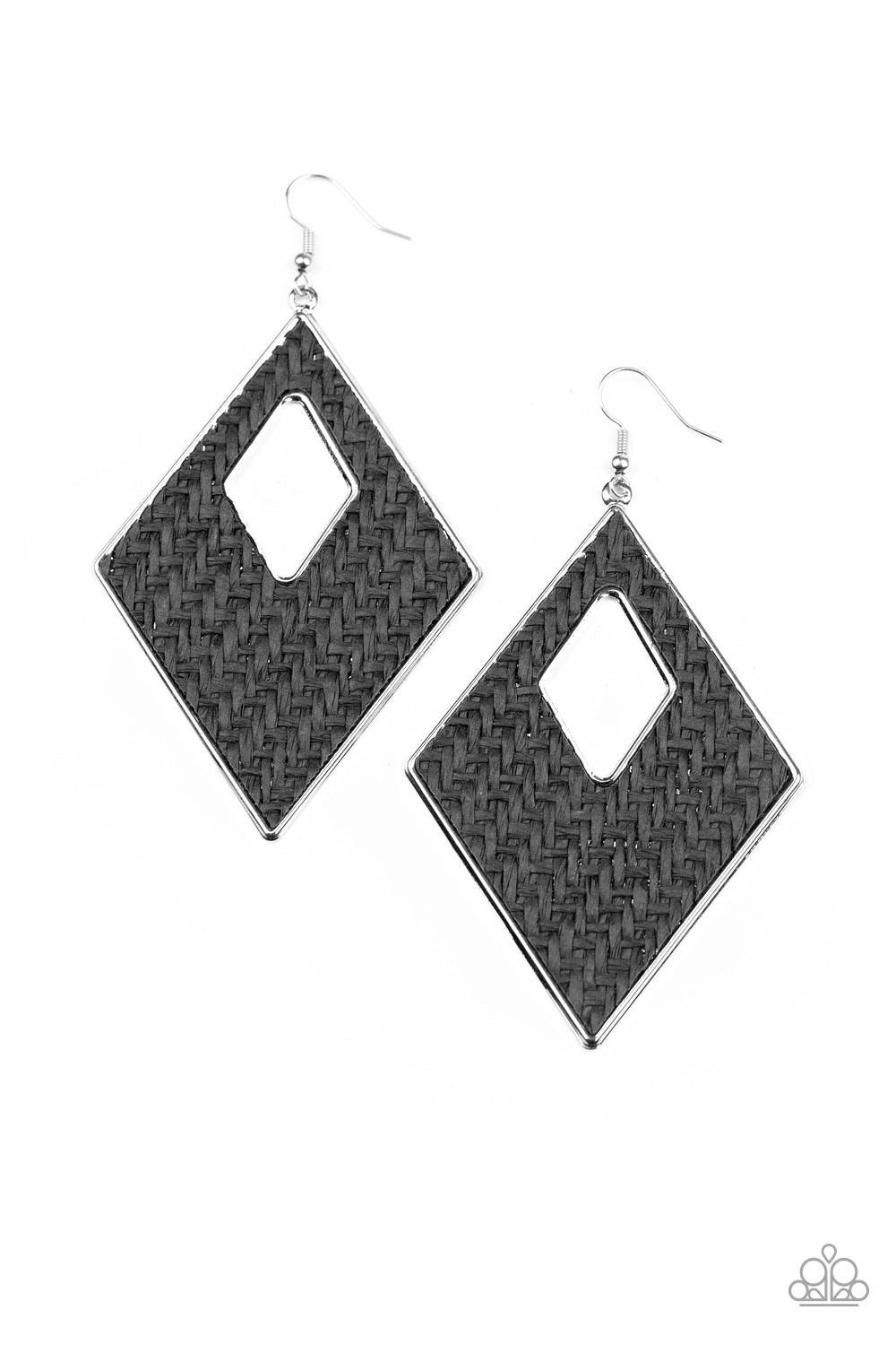 Paparazzi Accessories Woven Wanderer - Black Featuring a wicker-like pattern, black thread weaves across the front of a silver diamond-shape frame for a trendsetting look. Earring attaches to a standard fishhook fitting. Sold as one pair of earrings. Earr