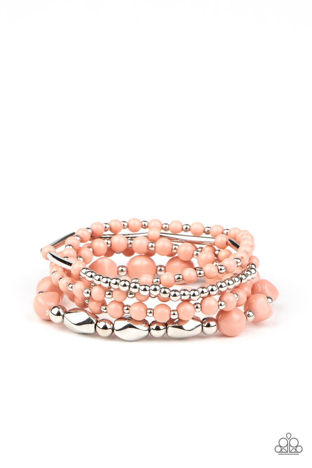 Paparazzi Accessories Vibrantly Vintage ~Pink Infused with dainty silver beads, a mismatched collection of Rose Tan and shiny silver beads are threaded along stretchy bands around the wrist for a colorfully layered look. Sold as one set of five bracelets.