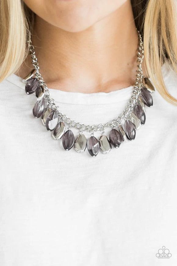 Paparazzi Accessories Fringe Fabulous - Silver Cloudy faceted beads and imperfect silver teardrops drip from the bottom of a shimmery silver chain, creating a sassy fringe below the collar. Features an adjustable clasp closure. Sold as one individual neck