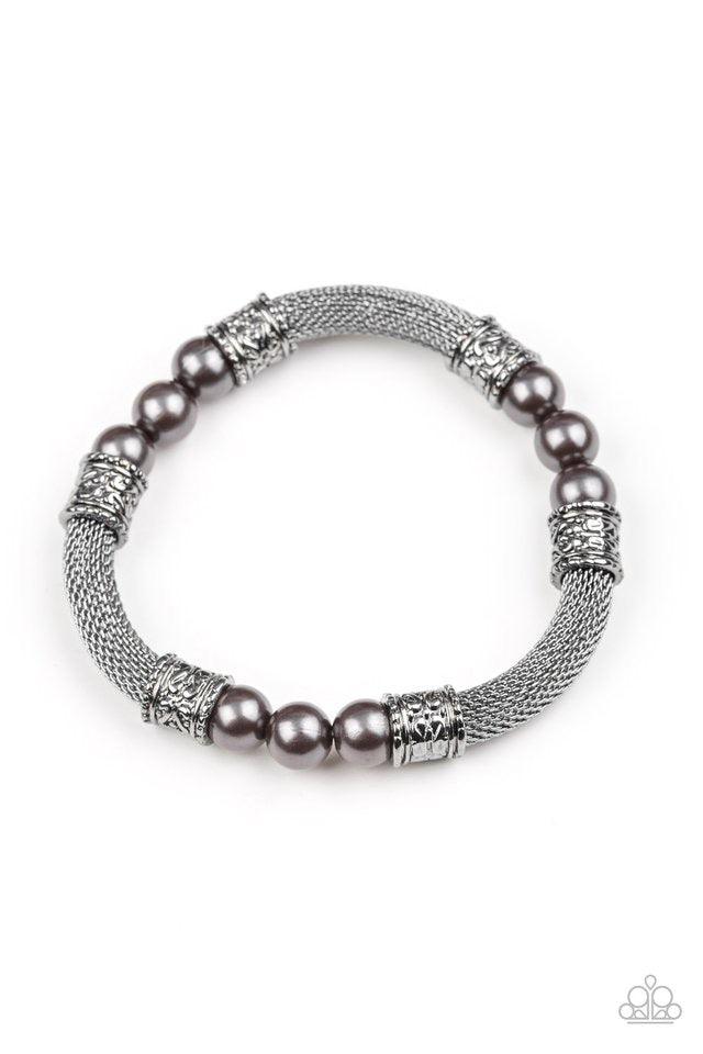 Paparazzi Accessories Talk Some SENSEI - Black Pearly gunmetal beads, ornate gunmetal accents, and sections of gunmetal mesh chain are threaded along a stretchy band around the wrist for a refined flair. Jewelry