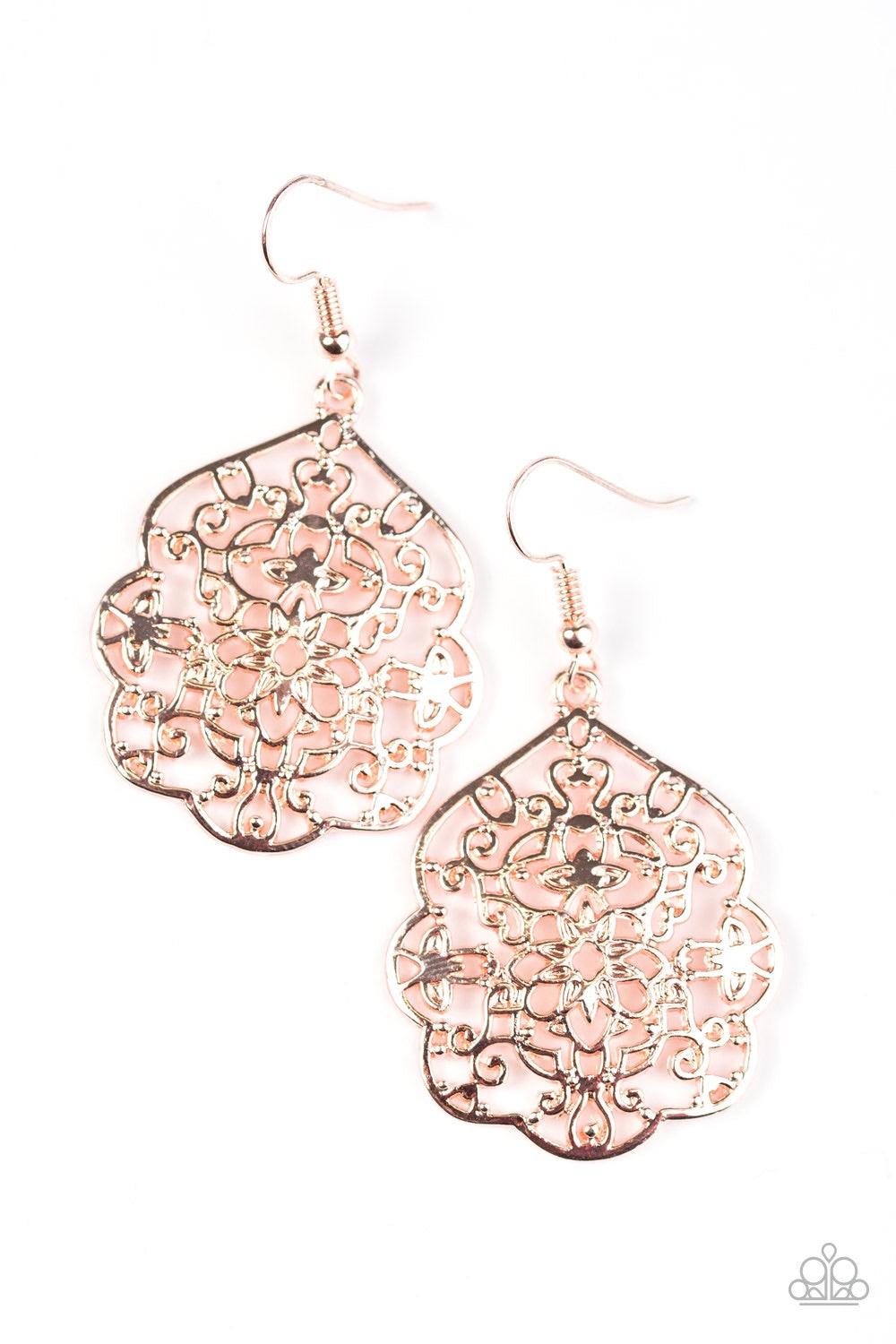 Paparazzi Accessories Garden Guru - Rose Gold Brushed in a glistening rose gold finish, floral filigree climbs a scalloped frame, creating a whimsical lure. Earring attaches to a standard fishhook fitting. Jewelry