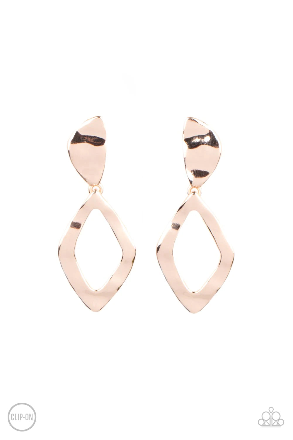 Paparazzi Accessories Industrial Gallery - Rose Gold *Clip-On Rippling with metallic texture, a warped kite-shaped rose gold frame links to the bottom of an asymmetrical frame for an intensely industrial flair. Earring attaches to a standard clip-on fitti