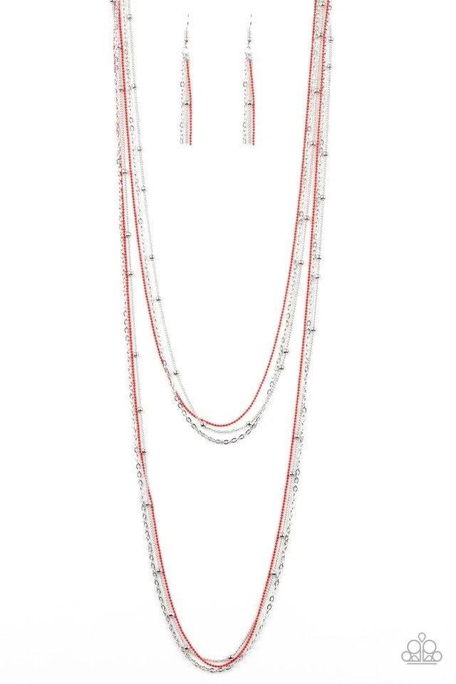 Paparazzi Accessories What A Colorful World ~Red Mismatched silver chains and silver satellite chains layer down the chest. Brushed in a fiery red finish, layers of ball-chain are added to the whimsical compilation for a colorful finish. Features an adjus