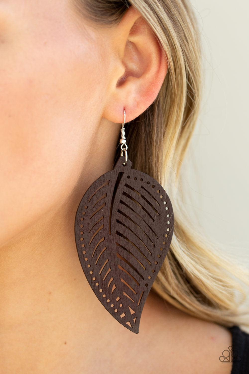 Paparazzi Accessories Amazon Zen - Brown Featuring stenciled detail, a brown wooden leaf swings from the ear for a seasonal flair. Earring attaches to a standard fishhook fitting. Jewelry