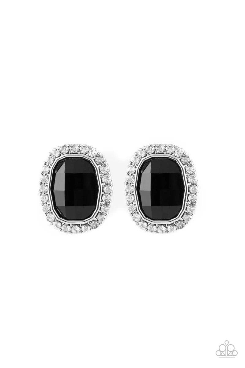 Paparazzi Accessories The Modern Monroe - Black A faceted black gem is pressed into a shimmery silver frame radiating with glassy white rhinestones for a timeless fashion. Earring attaches to a standard post fitting. Sold as one pair of post earrings. Jew