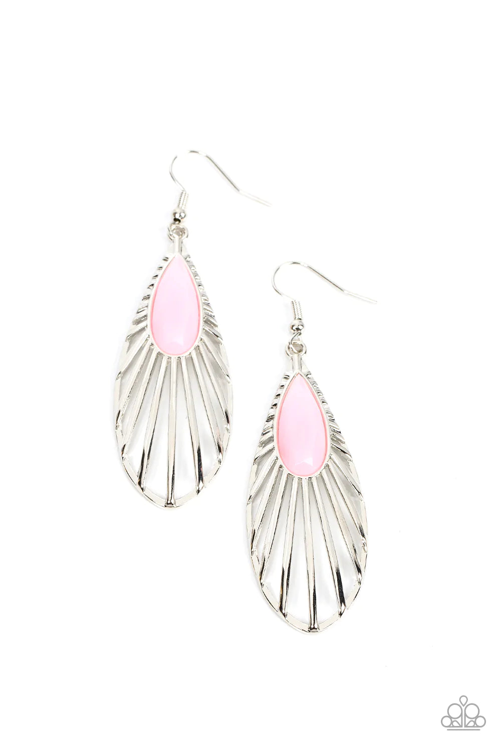 Paparazzi Accessories WING-A-Ding-Ding - Pink Reminiscent of a butterfly wing, shiny silver bars flare out from an opaque Pale Rosette teardrop bead and delicately connect into a whimsical frame. Earring attaches to a standard fishhook fitting. Jewelry