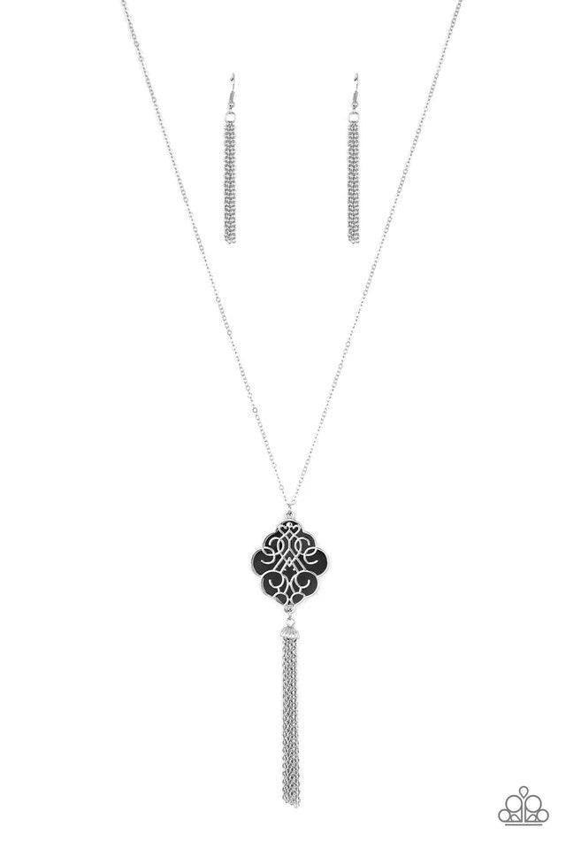 Paparazzi Accessories Malibu Mandala - Black Shimmery silver filigree swirls across a shiny black backdrop, coalescing into a colorful pendant. A glistening silver chain tassel swings from the bottom of the pendant for a whimsical finish. Features an adju