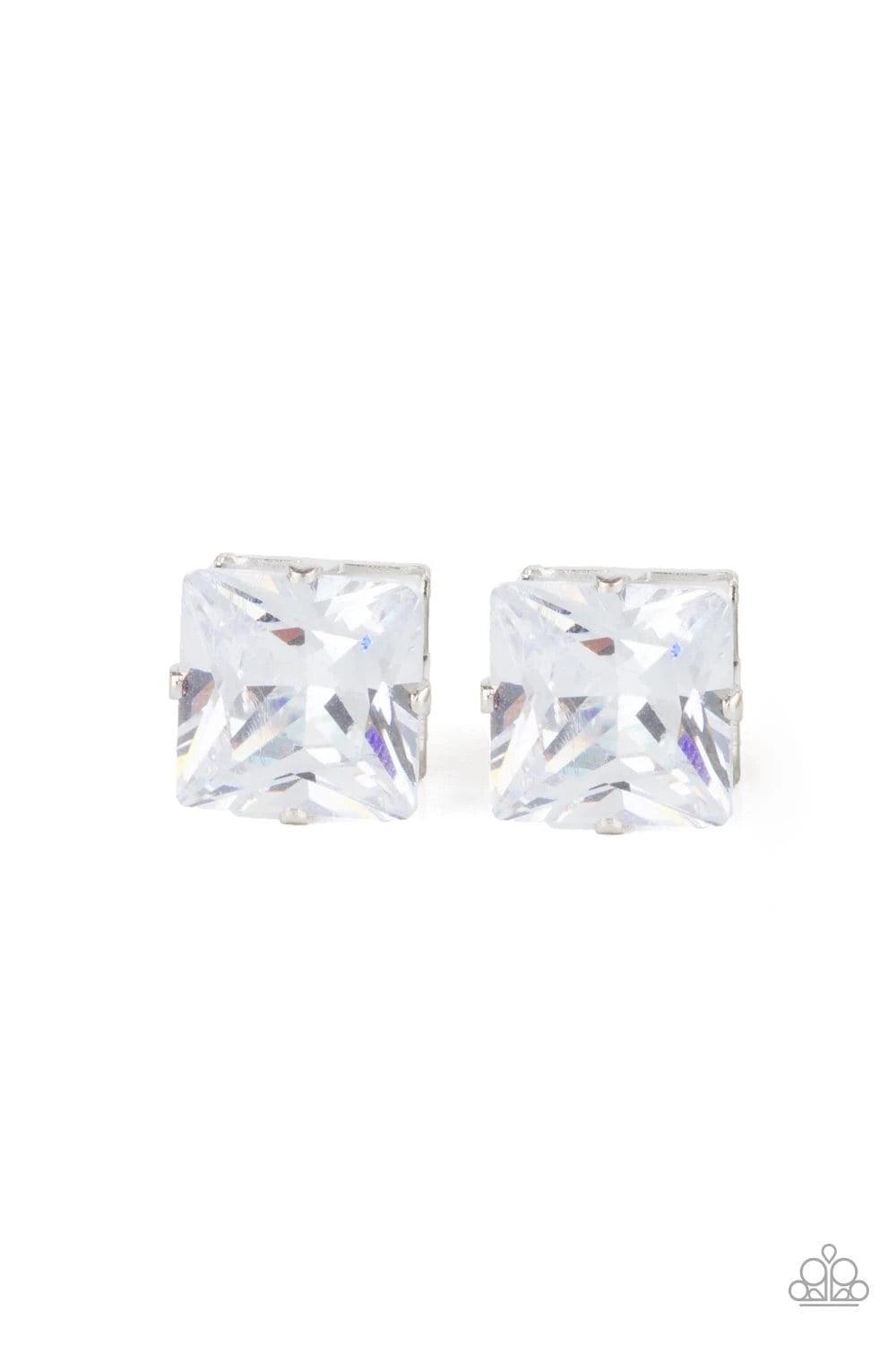 Paparazzi Accessories Times Square Timeless - White A stunning oversized square rhinestone, set in a classic silver pronged fitting, makes a show-stopping impact as it shines brilliantly and draws attention up to the face. Earring attaches to a standard p