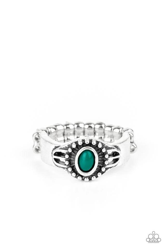 Paparazzi Accessories Right on Trek - Green A refreshing green bead is pressed into the center of a dainty silver band radiating with tribal inspired textures for a seasonal look. Features a dainty stretchy band for a flexible fit. Jewelry