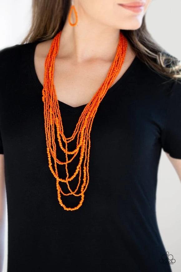 Paparazzi Accessories Totally Tonga - Orange Varying in size, row after row of vivacious orange seed beads cascade down the chest, creating summery layers. Features an adjustable clasp closure.Sold as one individual necklace. Includes one pair of matching