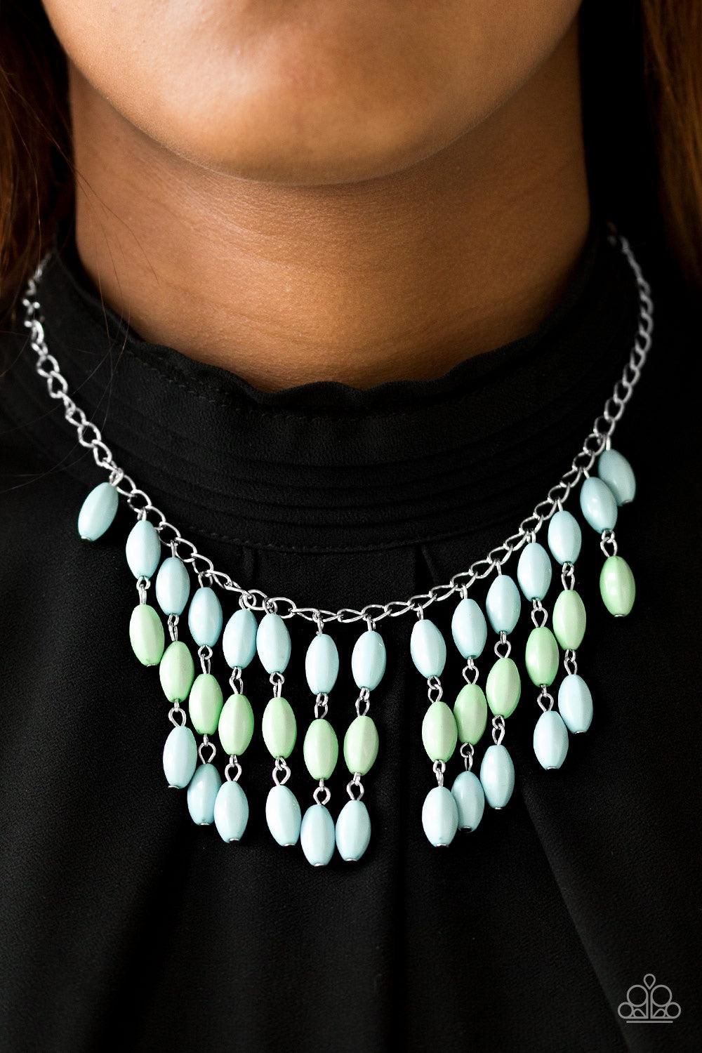 Paparazzi Accessories Delhi Diva - Blue Faceted blue and green beads cascade from the bottom of a shimmery silver chain, creating a flirty fringe below the collar. Features an adjustable clasp closure. Jewelry