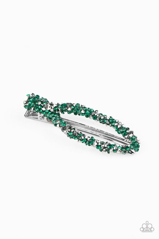 Paparazzi Accessories HAIR We Go - Green A collision of glittery green and smoky hematite rhinestones sparkle across the front of an oval frame, creating a glittery centerpiece. Features a standard hair clip. Hair Accessories