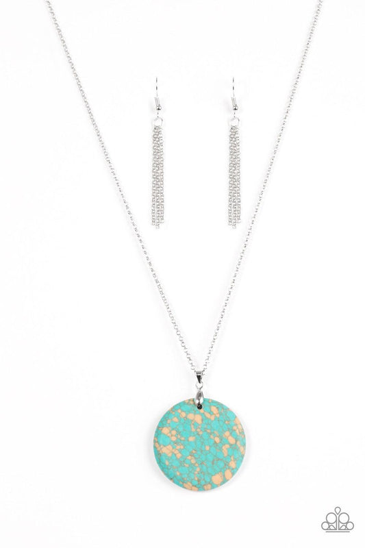 Paparazzi Accessories Back To Earth - Blue Speckled in neutral brown accents, a round blue stone swings from the bottom of an elongated silver chain for an artisan inspired look. Features an adjustable clasp closure. Jewelry