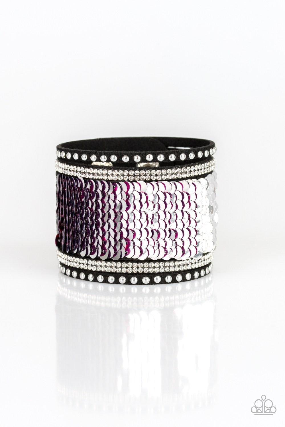 Paparazzi Accessories MERMAIDS Have More Fun - Pink Shiny silver studs, glassy white rhinestones, and shimmering sequins are sprinkled across a thick gray suede band that has been spliced into five glittery rows. Bracelet features reversible sequins that
