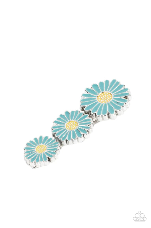 Paparazzi Accessories Posy Perfection - Blue A trio of brightly colored light turquoise daisies with pale yellow centers create a refreshing whimsical nod to spring. Features a standard hair clip on the back. Sold as one individual hair clip. Hair Claws &